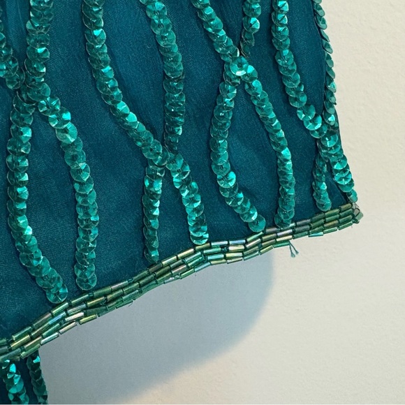Vintage Laurence Kazar Emerald Green Sequin Beaded Silk Cocktail Dress Size L - Picture 5 of 12